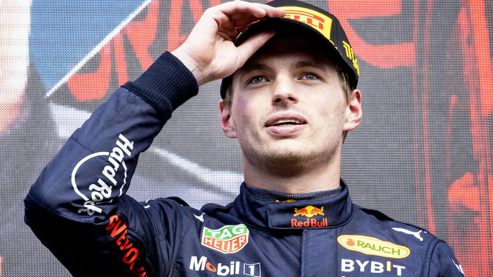 Max Verstappen is pictured on the podium after winning the Belgian Grand Prix.