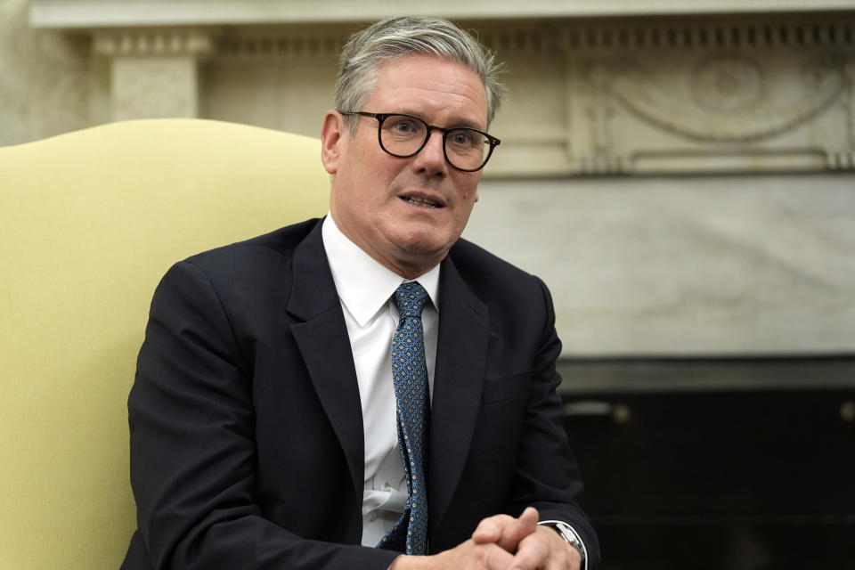 British Prime Minister Keir Starmer listens as he meets with President Joe Biden in the Oval Office of the White House, Wednesday, July 10, 2024, in Washington. (AP Photo/Evan Vucci)