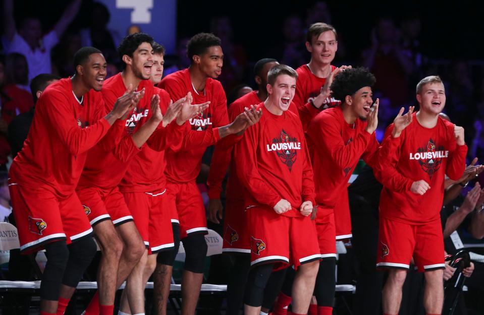 Nov 25, 2016; Paradise Island, BAHAMAS; Louisville Cardinals bench reacts during the first half against the Baylor Bears in the 2016 Battle 4 Atlantis championship game in the Imperial Arena at the Atlantis Resort. Mandatory Credit: Kevin Jairaj-USA TODAY Sports