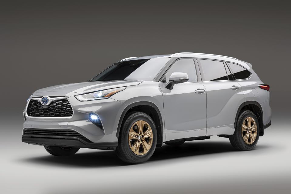 This photo provided by Toyota shows the 2022 Toyota Highlander Hybrid, a mid-sized SUV that gets about 36 mpg in mixed driving. (Courtesy of Toyota Motor Sales U.S.A. via AP)