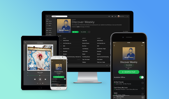 Spotify streaming music app shown on desktop, tablet, and smartphones.