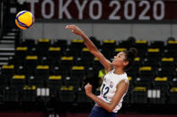 United States' Jordan Thompson throws a spike during the women's volleyball preliminary round pool B match between China and United States at the 2020 Summer Olympics, Tuesday, July 27, 2021, in Tokyo, Japan. (AP Photo/Frank Augstein)