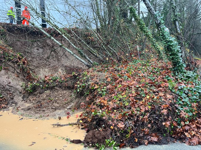 Debris from a landslide cover SW Veterans Highway on Wednesday, December 6, 2023 (courtesy: PBOT)