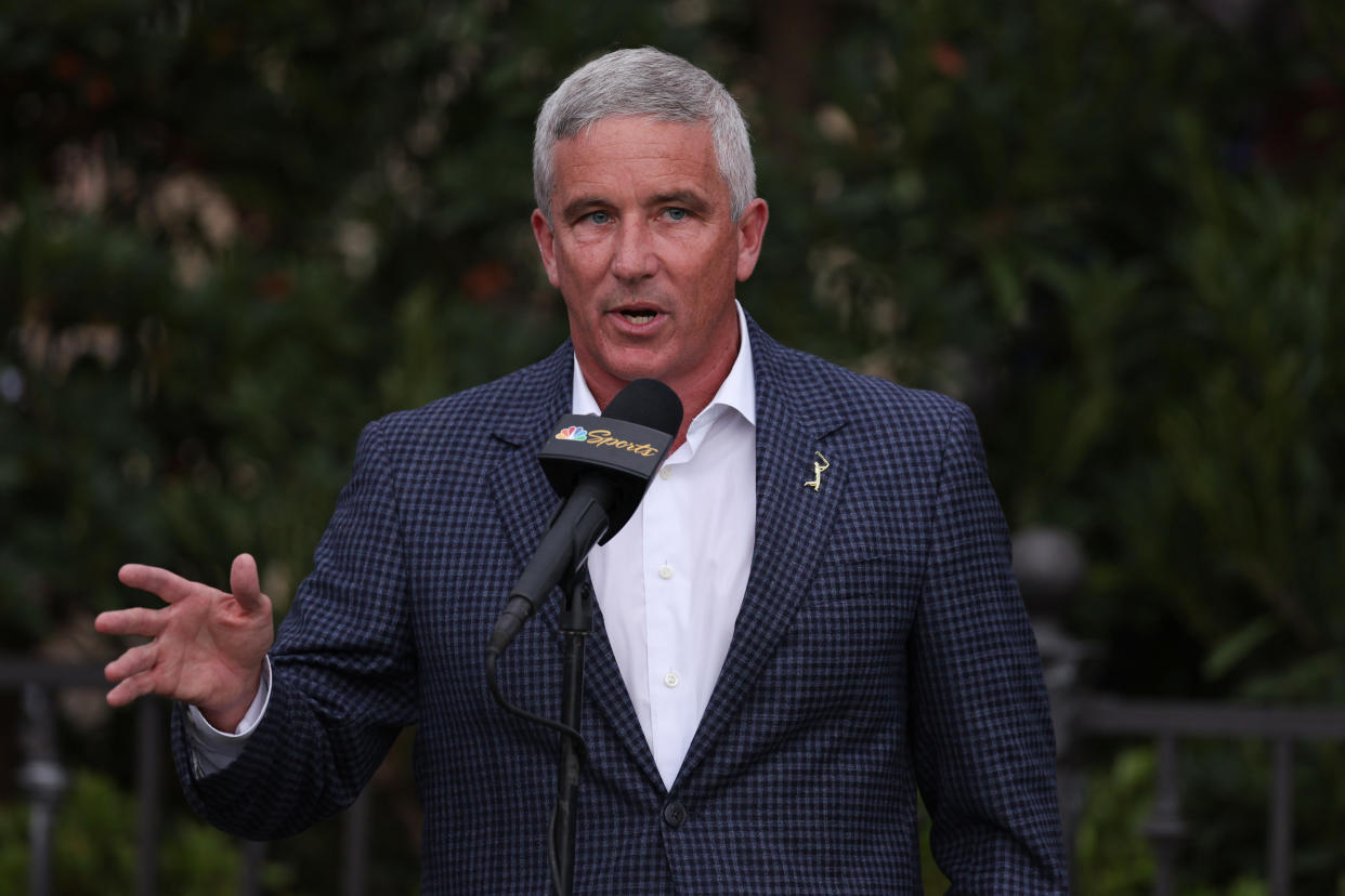 PGA Tour commissioner Jay Monahan met with players on Tuesday to discuss the Tour's ongoing deal with the Saudi Public Investment Fund. (Richard Heathcote/Getty Images)