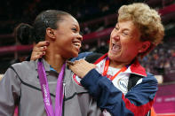 LONDON, ENGLAND - AUGUST 02: Gabrielle Douglas of the United States celebrates winning the gold medal with team coordinator Martha Karolyi after the Artistic Gymnastics Women's Individual All-Around final on Day 6 of the London 2012 Olympic Games at North Greenwich Arena on August 2, 2012 in London, England. (Photo by Ronald Martinez/Getty Images)