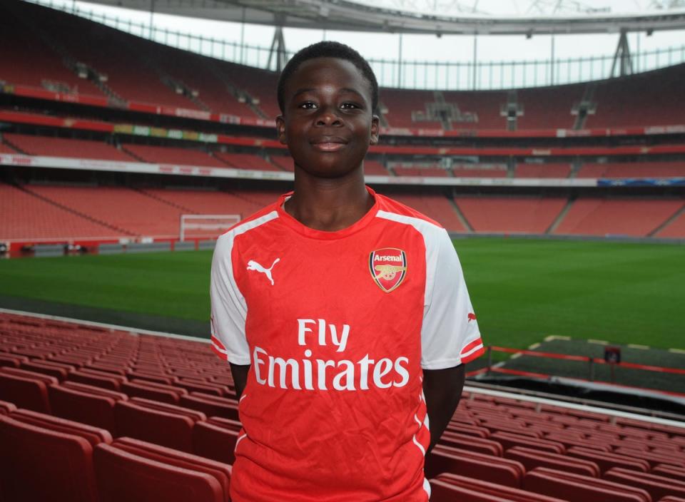 Saka during an Arsenal Academy photoshoot at Emirates Stadium on August 25, 2014 (Arsenal FC via Getty Images)