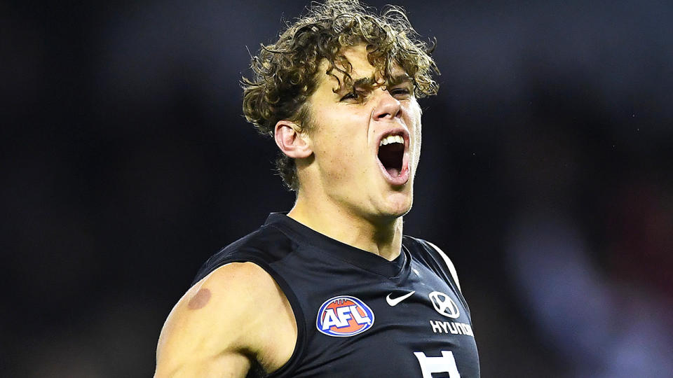 Carlton's Charlie Curnow has been sidelined with yet another injury, this time likely to miss the next three to four months. (Photo by Quinn Rooney/Getty Images)