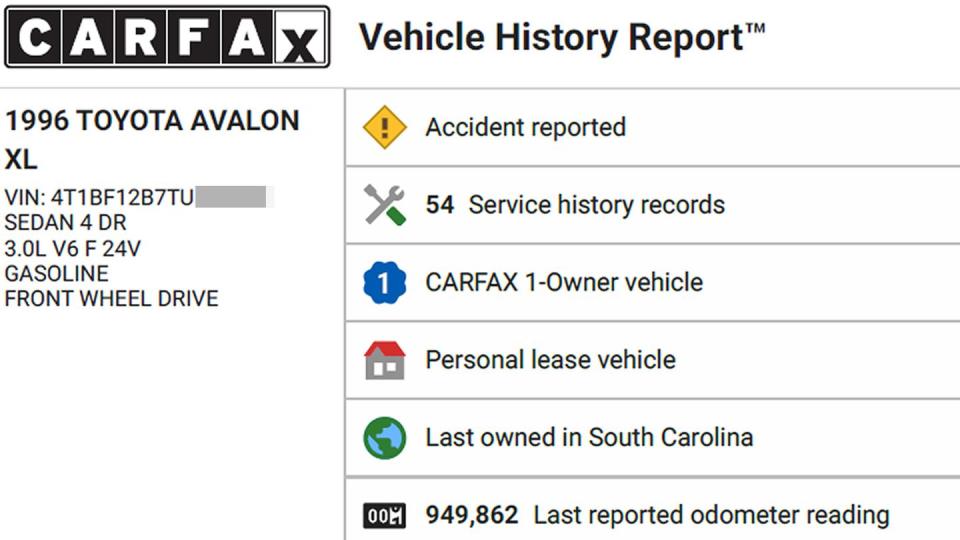 carfax report for 949k mile toyota avalon in south carolina junkyard