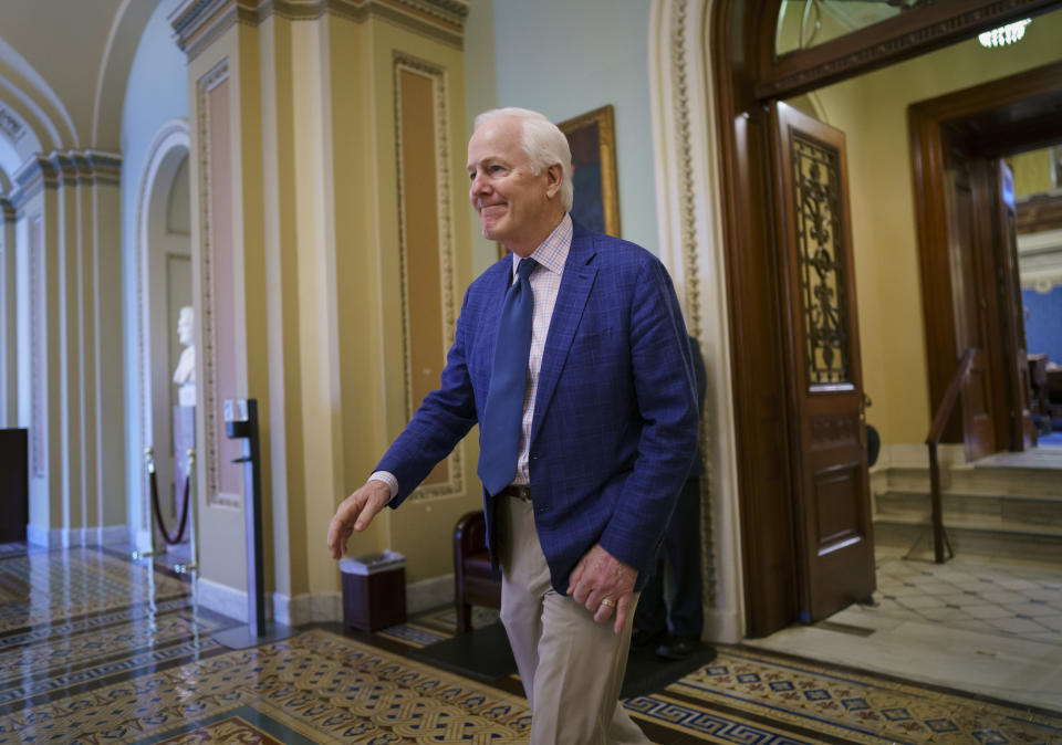 Sen. John Cornyn, R-Texas, departs the Senate chamber after final votes before the Memorial Day recess, at the Capitol in Washington, Friday, May 28, 2021. Senate Republicans successfully blocked the creation of a commission to study the Jan. 6 insurrection by rioters loyal to former President Donald Trump. (AP Photo/J. Scott Applewhite)