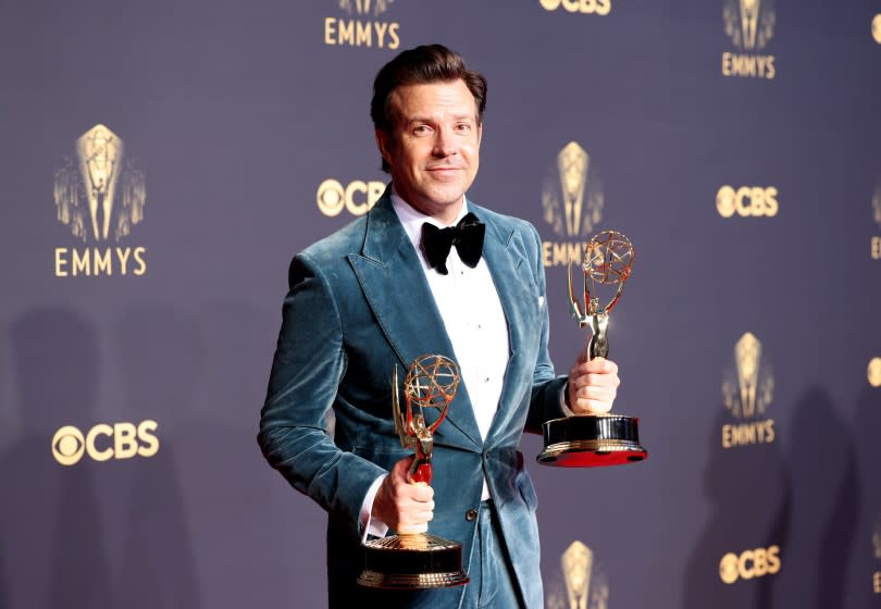 LOS ANGELES, CA - SEPTEMBER 19: Jason Sudeikis poses with his Emmy awards on the red carpet during the 73rd Annual Emmy Awards taking place at LA Live on Sunday, Sept. 19, 2021 in Los Angeles, CA. (Jay L. Clendenin / Los Angeles Times)