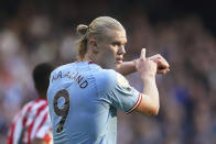 Manchester City's Erling Haaland gestures during the English Premier League soccer match between Manchester City and Brentford, at the Etihad stadium in Manchester, England, Saturday, Nov.12, 2022. (AP Photo/Dave Thompson)