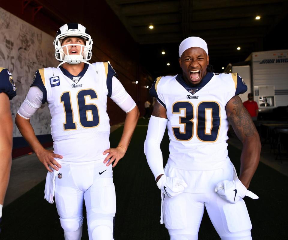 Jared Goff (16) and Todd Gurley psych themselves up before going on the field.
