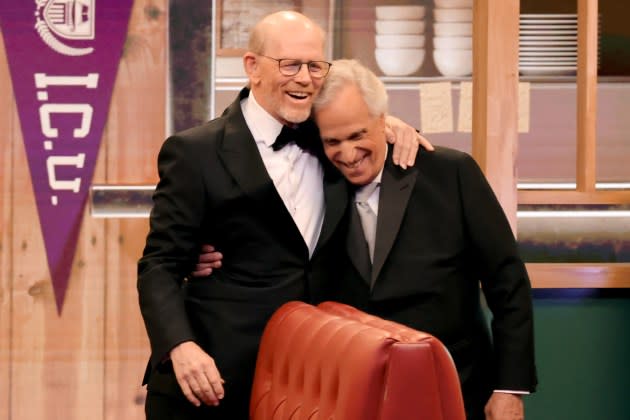 Ron Howard and Henry Winkler speak onstage during the 76th Primetime Emmy Awards - Credit: Kevin Winter/Getty Images