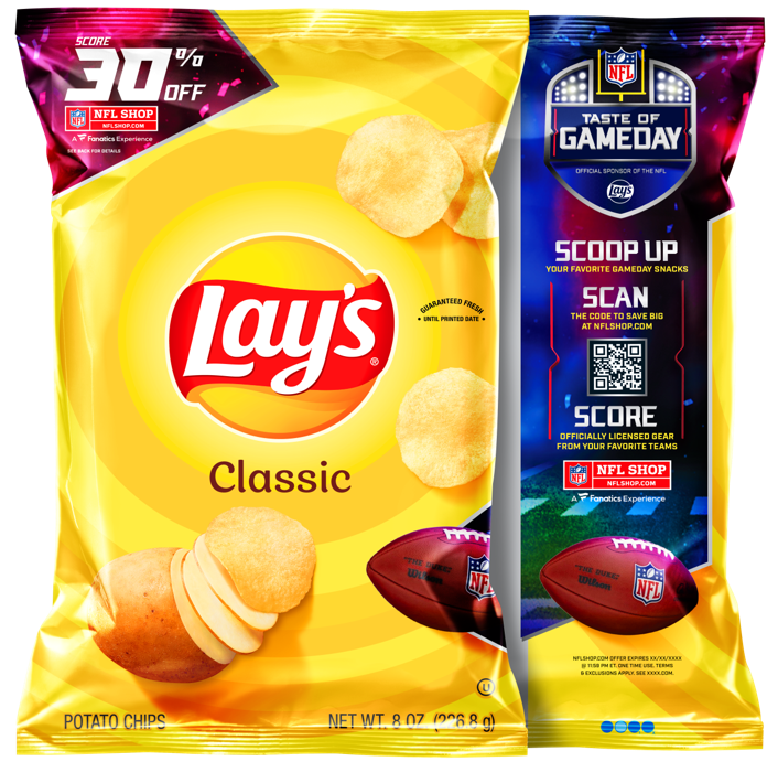 NFL fans can find some of their favorite snacks in stores in special "Taste of Gameday" packaging with a QR code that gets you 30% off purchases at NFLShop.com.