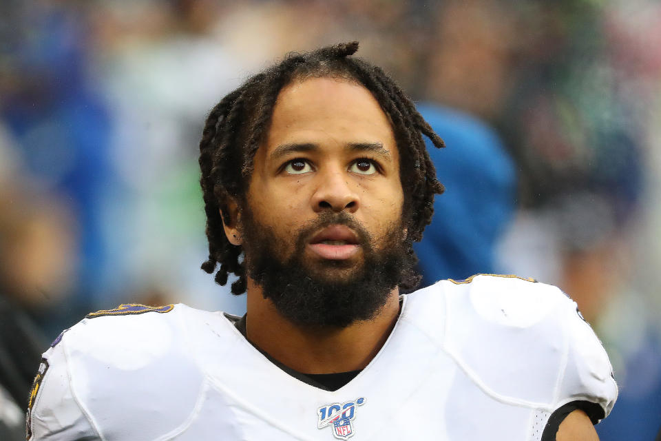 SEATTLE, WASHINGTON - OCTOBER 20: Earl Thomas #29 of the Baltimore Ravens looks on against the Seattle Seahawks in the third quarter during their game at CenturyLink Field on October 20, 2019 in Seattle, Washington. (Photo by Abbie Parr/Getty Images)