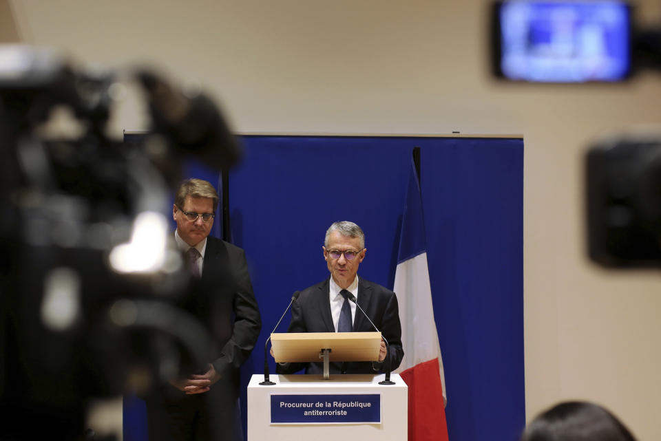 Paris prosecutor Jean-François Ricard gives a press conference at the Paris courthouse, France, Saturday Oct. 5, 2019. French prosecutors opened an investigation Friday that treats the fatal knife attack that a civilian employee carried out at Paris police headquarters as a potential act of terrorism. The longtime police employee stabbed four colleagues to death Thursday before he was shot and killed. (AP Photo/Rafael Yaghobzadeh)