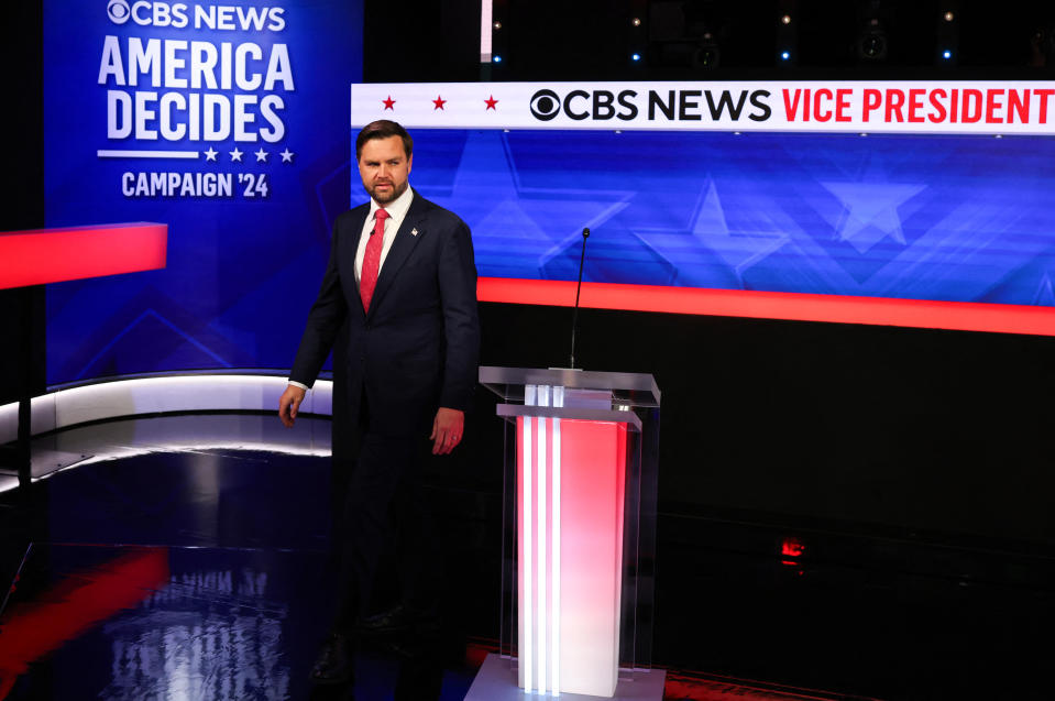 TOPSHOT - US Senator and Republican vice presidential candidate J.D. Vance arrives to participate in the Vice Presidential debate hosted by CBS News at the CBS Broadcast Center in New York City on October 1, 2024. (Photo by Charly TRIBALLEAU / AFP) (Photo by CHARLY TRIBALLEAU/AFP via Getty Images)