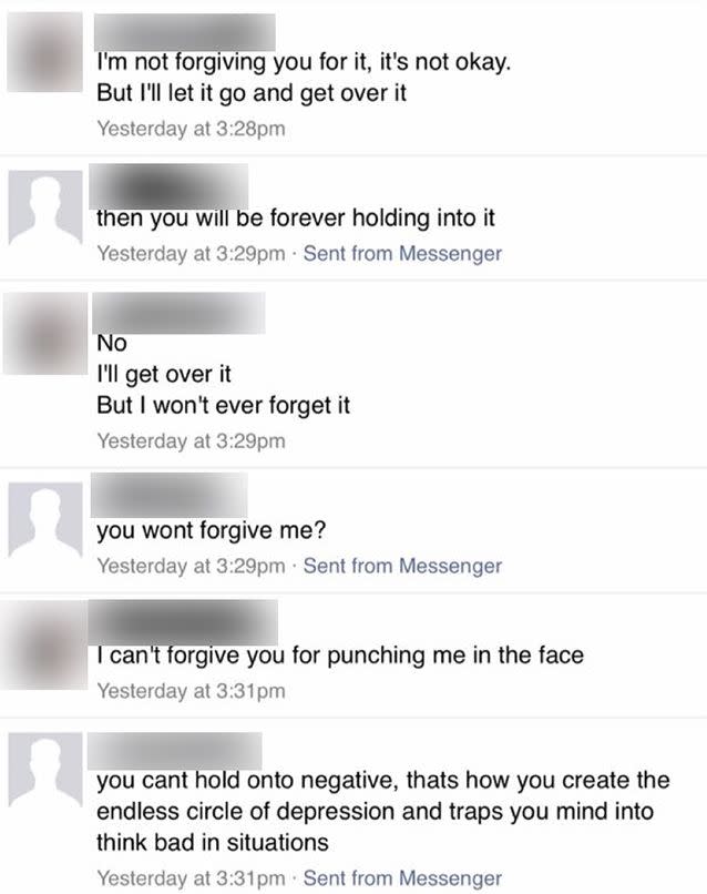 A conversation allegedly between Ms Savins and her ex. Photo: Facebook