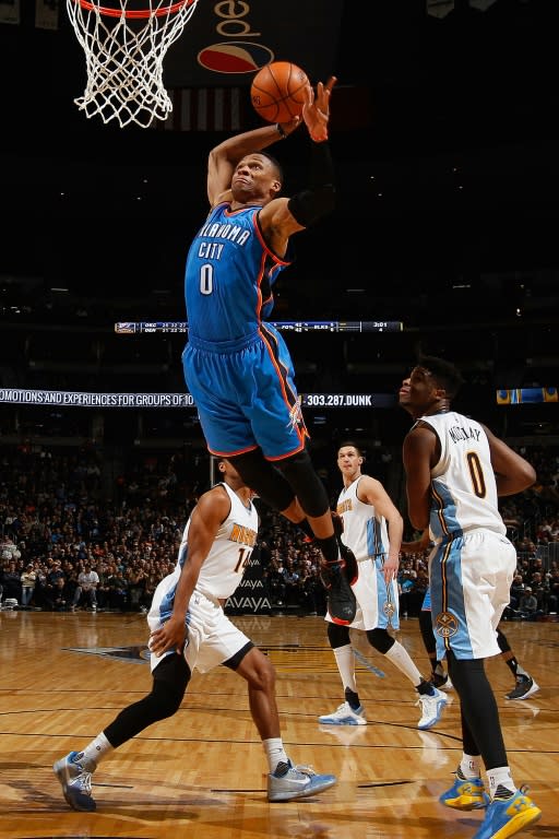 Oklahoma City Thunder's Russell Westbrook dunks during the game against the Denver Nuggets at Pepsi Center on January 19, 2016