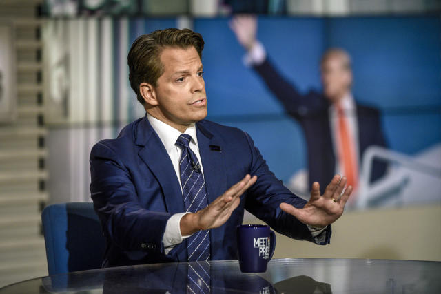 Anthony Scaramucci, former White House communications director, makes an emphatic gesture of refusal.