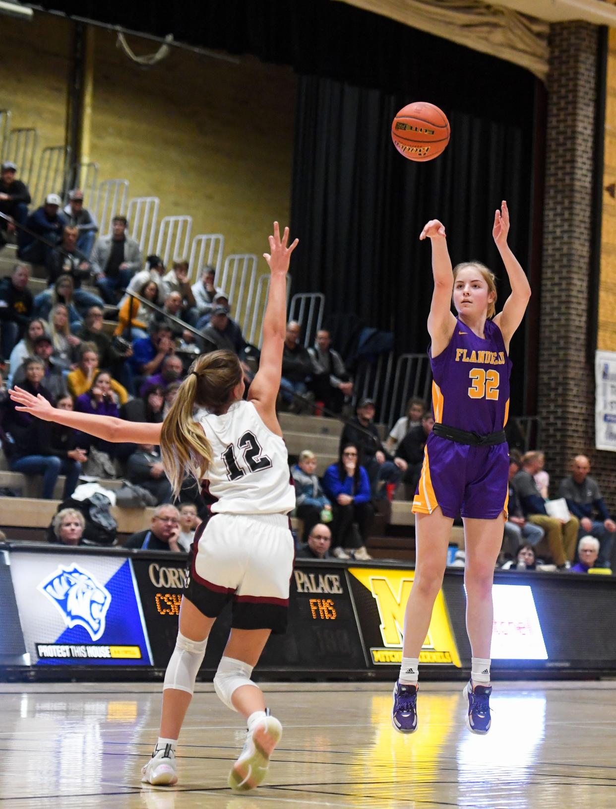 Flandreau's Claire Sheppard shoots a three-pointer on Saturday, January 15, 2022, in the Girls Hanson Classic at the Corn Palace in Mitchell.