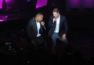 Timbaland, left, and Justin Timberlake perform on stage at the 50th annual Songwriters Hall of Fame induction and awards ceremony at the New York Marriott Marquis Hotel on Thursday, June 13, 2019, in New York. (Photo by Brad Barket/Invision/AP)