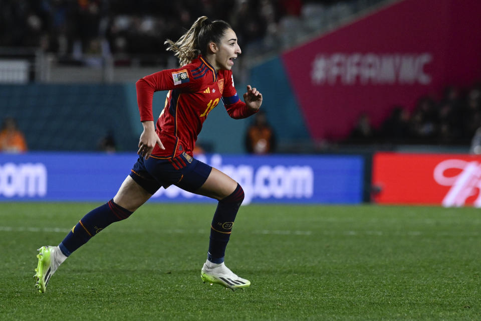 Spain's Olga Carmona reacts after scoring her team's second goal during the Women's World Cup semifinal soccer match between Sweden and Spain at Eden Park in Auckland, New Zealand, Tuesday, Aug. 15, 2023. (AP Photo/Andrew Cornaga)