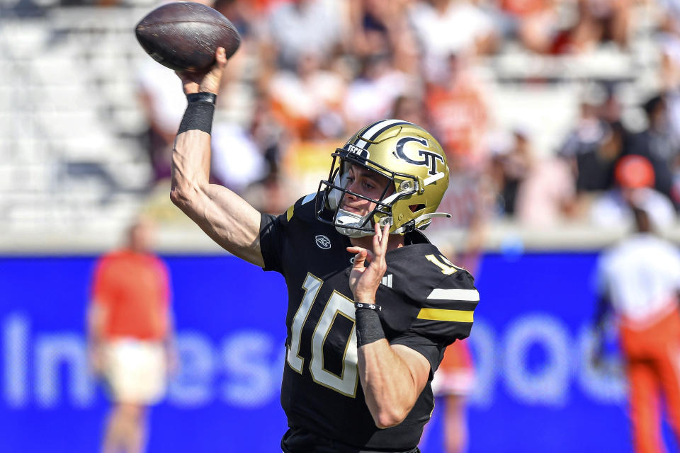 Georgia Tech quarterback Haynes King (10) passes during the first half of an NCAA college football game against Bowling Green, Saturday, Sept. 30, 2023, in Atlanta. (Daniel Varnado/Atlanta Journal-Constitution via AP)