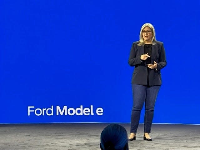 Lisa Drake, the vice president of electric vehicle Industrialization for Ford Model e who also oversees manufacturing engineering, spoke at Capital Markets Day in the Ford Experience Center in Dearborn on May 22, 2023.