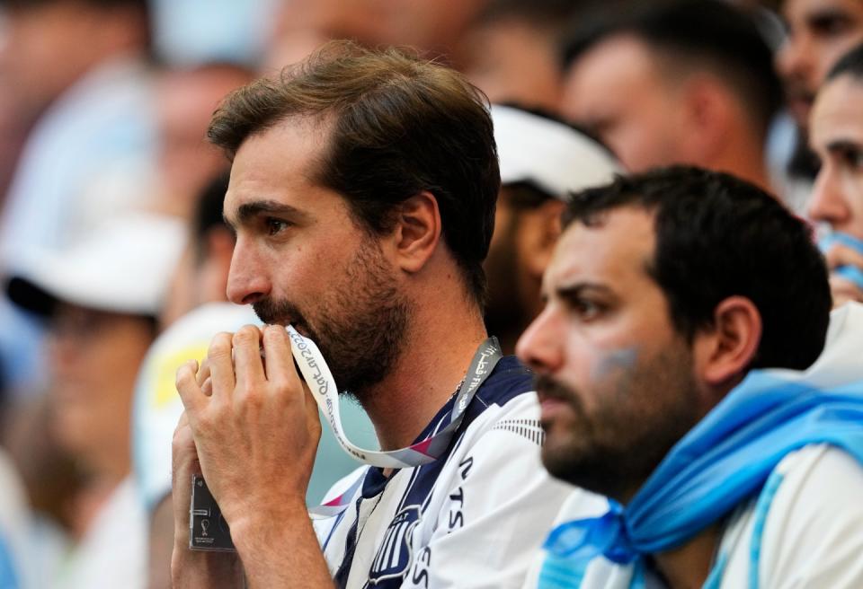 Argentina's fans watch the World Cup group C football match between Argentina and Saudi Arabia at the Lusail Stadium in Lusail, Qatar, Tuesday, Nov. 22, 2022. (AP Photo/Ebrahim Noroozi)