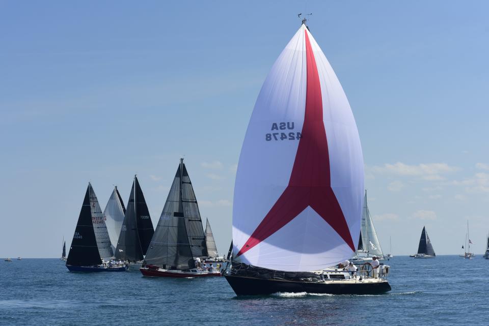 Royal Blue, captained by R. Gregory Fisher, sets sail during the start of the Bayview Mackinac Race in Port Huron on Saturday, July 16, 2022.