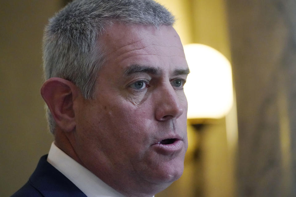 Speaker Philip Gunn, R-Clinton, presents to reporters the House's position on their state income tax elimination legislation at the Mississippi Capitol in Jackson, Tuesday, March 15, 2022. (AP Photo/Rogelio V. Solis)