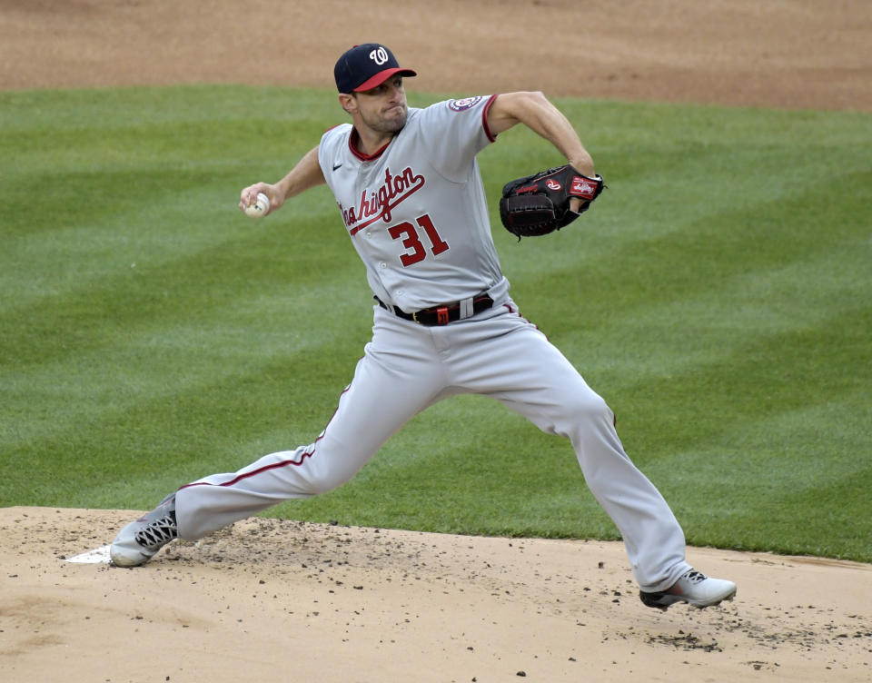 Washington Nationals starting pitcher Max Scherzer throws during the first inning of a baseball game against the New York Yankees, Saturday, May 8, 2021, at Yankee Stadium in New York. (AP Photo/Bill Kostroun)