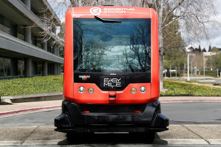 An EasyMile EZ10 shared autonomous vehicle is seen during a deployment demonstration at Bishop Ranch in San Ramon, California March 6, 2017. REUTERS/Stephen Lam