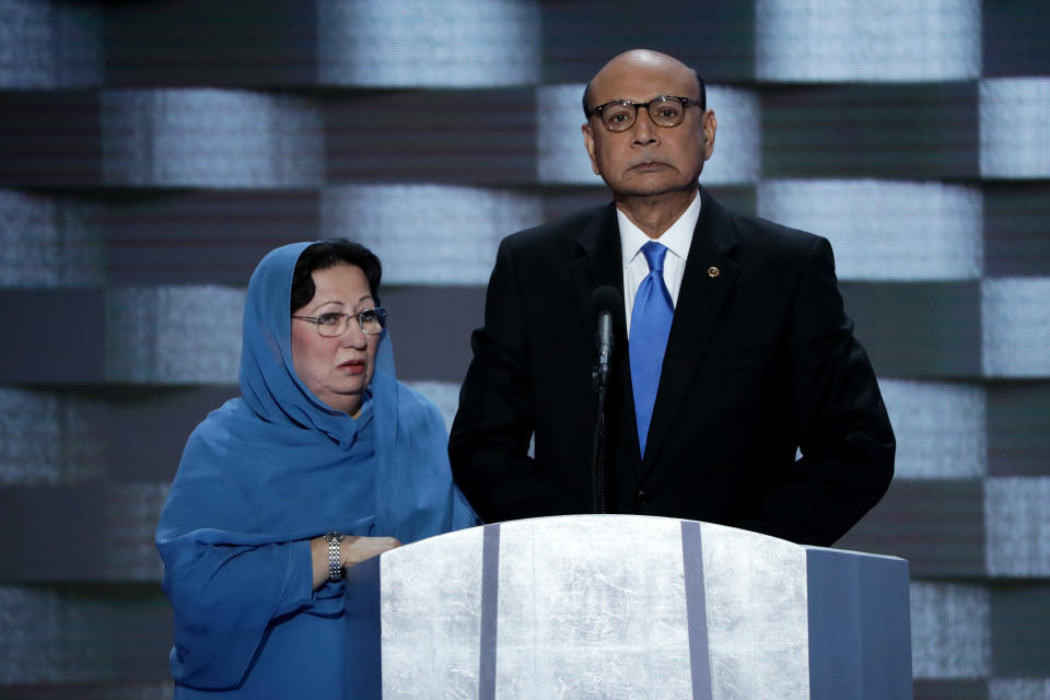 Khizr Khan, right, and Ghazala Khan&nbsp;appear at the Democratic National Convention in July 2016. Khizr Khan's speech sparked vociferous attacks from Donald Trump. (Photo: Joe Raedle/Getty Images)