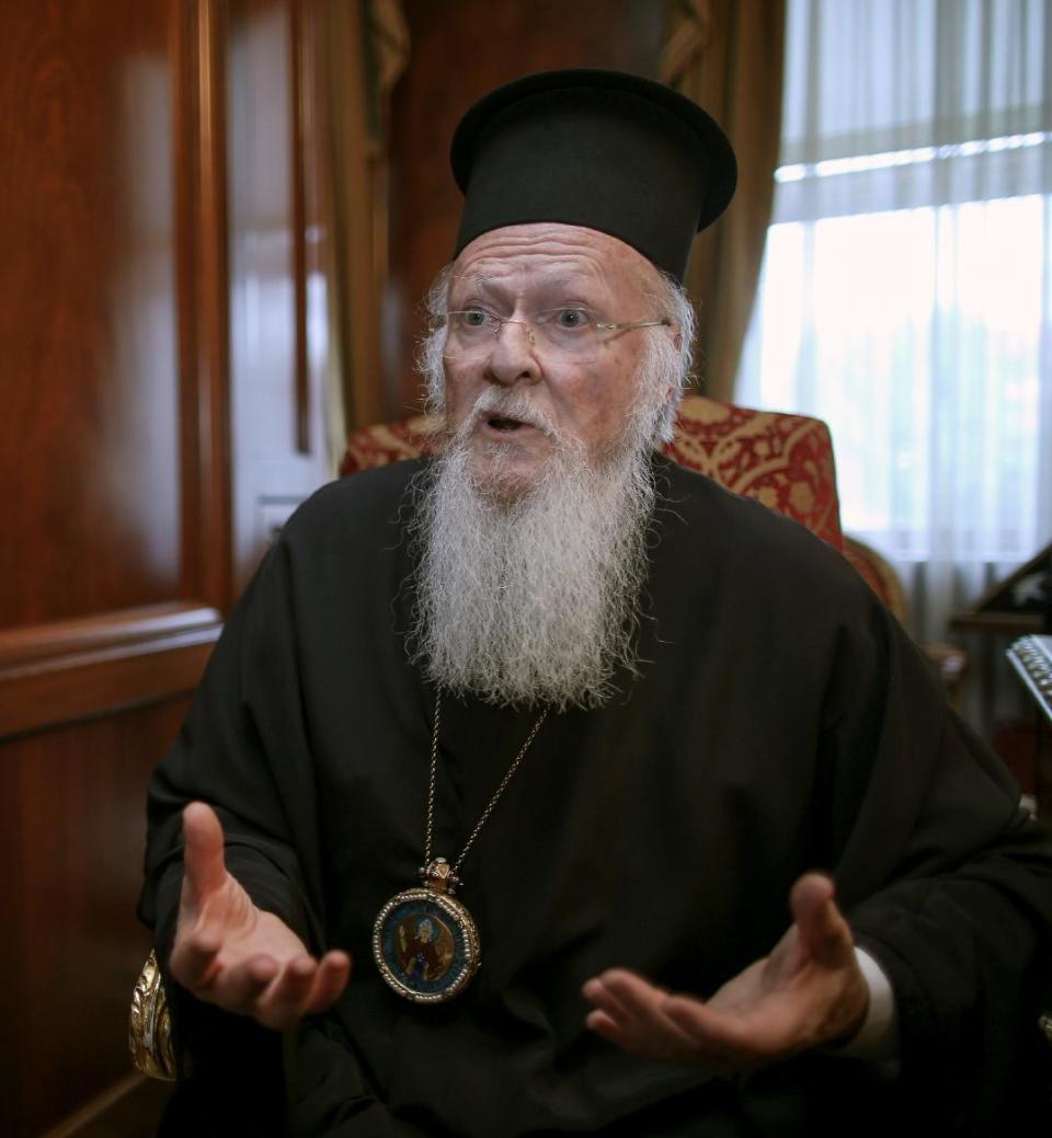 In this Friday, May 2, 2014 photo, Bartholomew I, spiritual leader of 250 million Orthodox Christians, speaks during an interview with The Associated Press in his office in Istanbul. Bartholomew I said a meeting with Pope Francis in Jerusalem this month will help move the two churches closer to ending their nearly one-thousand-year divide. (AP Photo/Emrah Gurel)