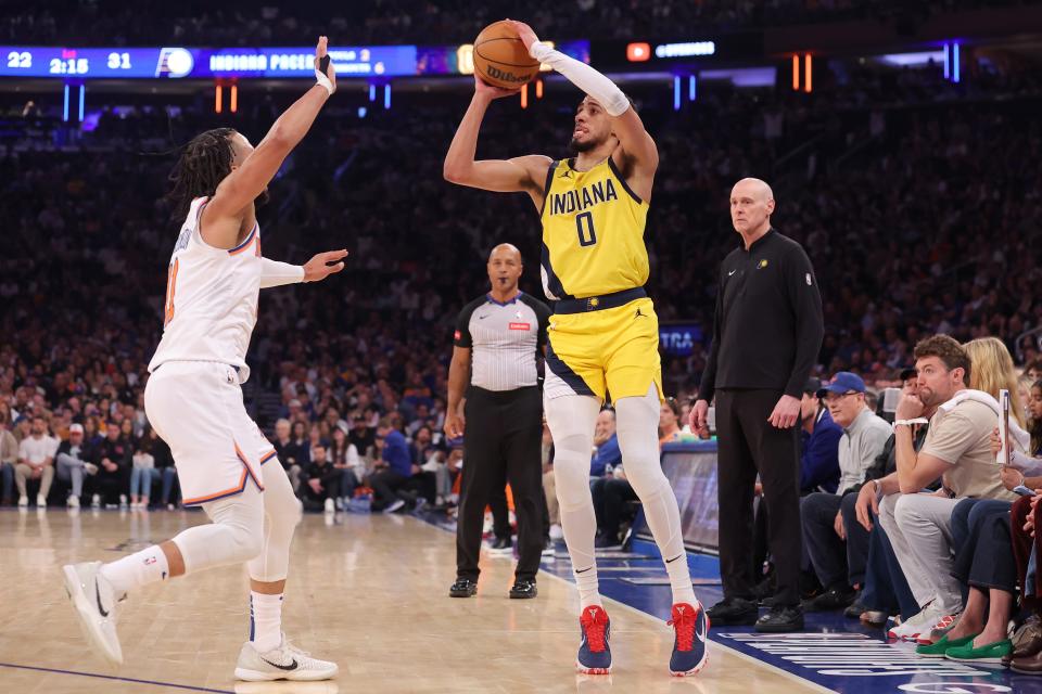 Indiana Pacers guard Tyrese Haliburton (0) shoots a 3-pointer against New York Knicks guard Jalen Brunson (11) during the first quarter of Game 7 of their second-round playoff series at Madison Square Garden.