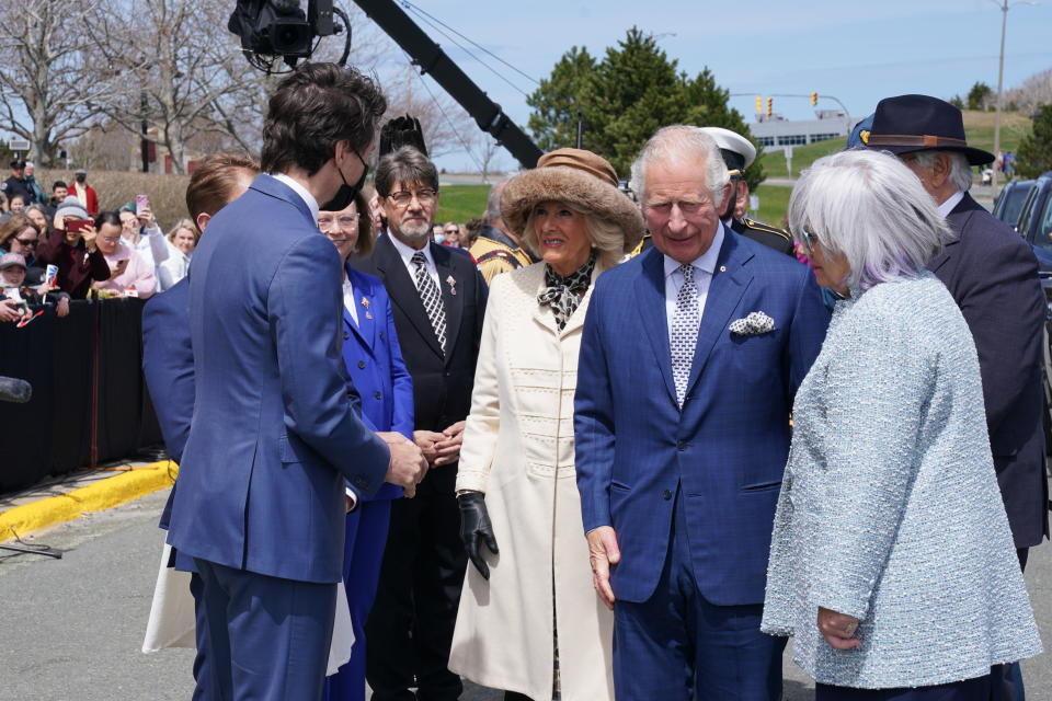 <p>Prince Charles, Prince of Wales and Camilla, Duchess of Cornwall arrive in Canada on May 17, 2022 in St. John's, Newfoundland and Labrador, and meet Canadian Prime Minister Justin Trudeau. The Prince of Wales and Duchess of Cornwall are visiting for three days from May 17 to 19. The tour forms part of Queen Elizabeth II's Platinum Jubilee celebrations. (Photo by Arthur Edwards - Pool/Getty Images)</p> 