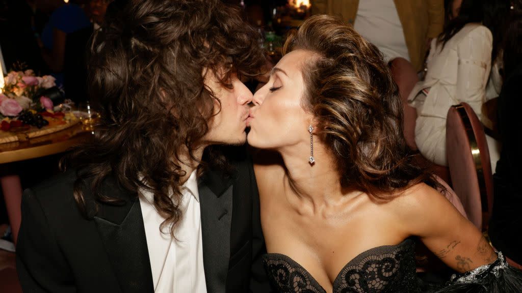 los angeles february 4 maxx morando and miley cyrus behind the scenes at the 66th annual grammy awards, airing live from cryptocom arena in los angeles, california, sunday, feb 4 800 1130 pm, live et500 830 pm, live pt on the cbs television network photo by francis speckercbs via getty images