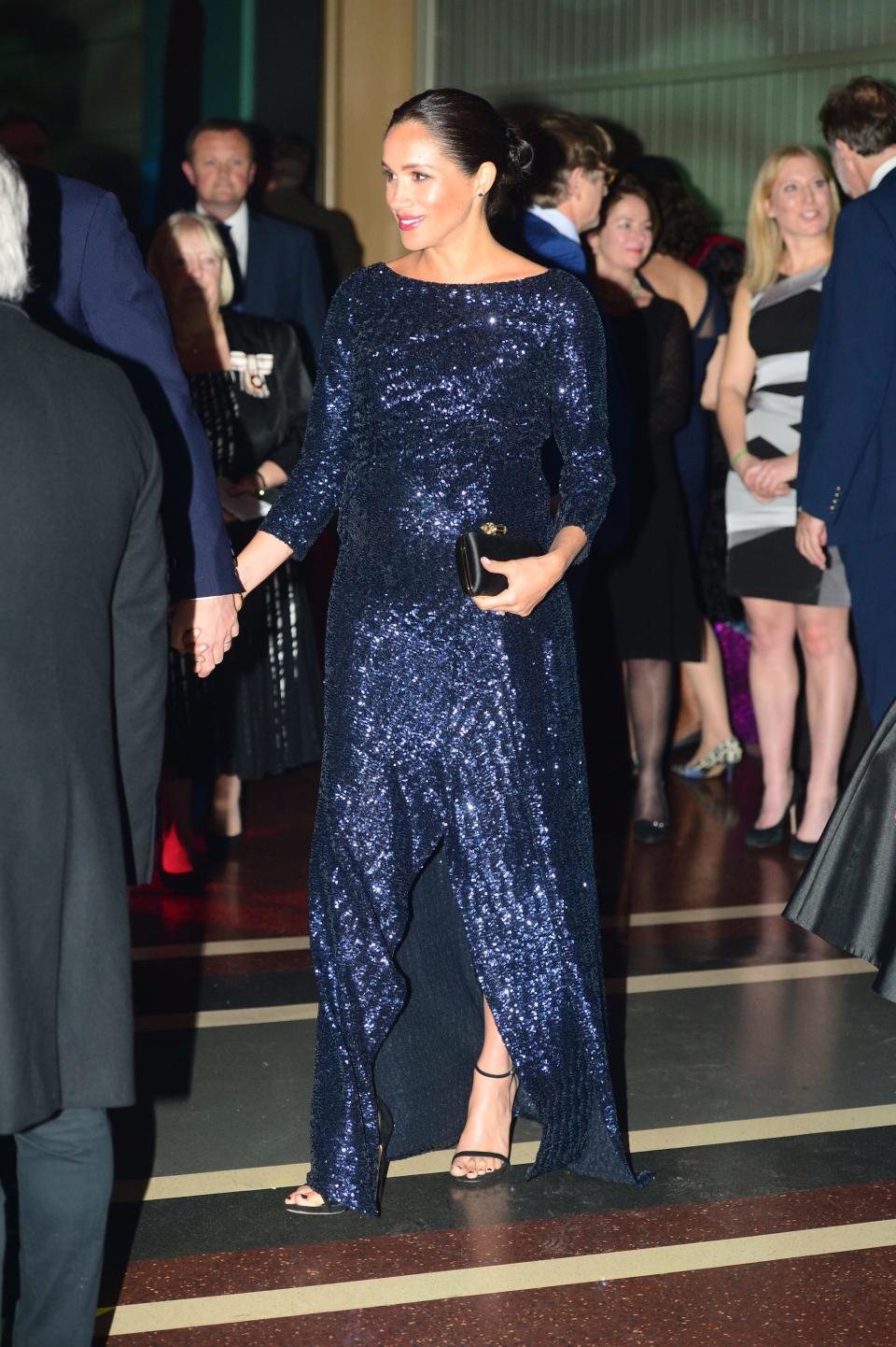 Meghan Markle in a sparkly blue dress in 2019.