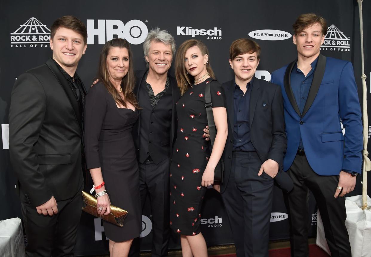 inductee jon and his family attend the 33rd annual rock roll hall of fame induction ceremony at public auditorium on april 14, 2018