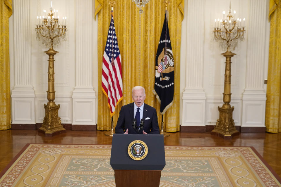 President Joe Biden speaks about the April jobs report in the East Room of the White House, Friday, May 7, 2021, in Washington. (AP Photo/Patrick Semansky)