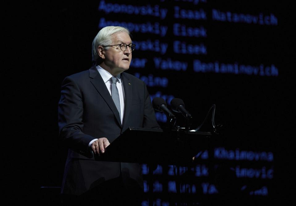 Germany's Federal President Frank-Walter Steinmeier speaks during commemorative events marking the 80th anniversary of the Babi Yar massacre of Kyiv Jews perpetrated by German occupying forces in 1941 in Kyiv, Ukraine, Wednesday, Oct. 6, 2021. (Ukrainian Presidential Press Office via AP)