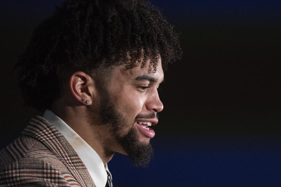 Southern California quarterback Caleb Williams speaks during a news conference after winning the Heisman Trophy, Saturday, Dec. 10, 2022, in New York. (AP Photo/Eduardo Munoz Alvarez)