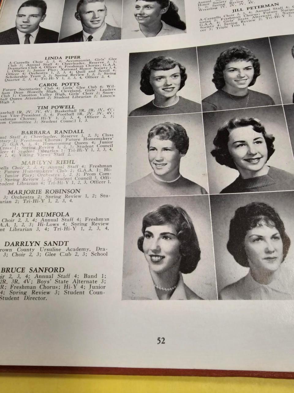 Patti Rumfola in her yearbook. She was very active in high school. The yearbook lists she was a member of a cappella choir, yearbook staff, freshmen chorus, student librarian and in the spring review.