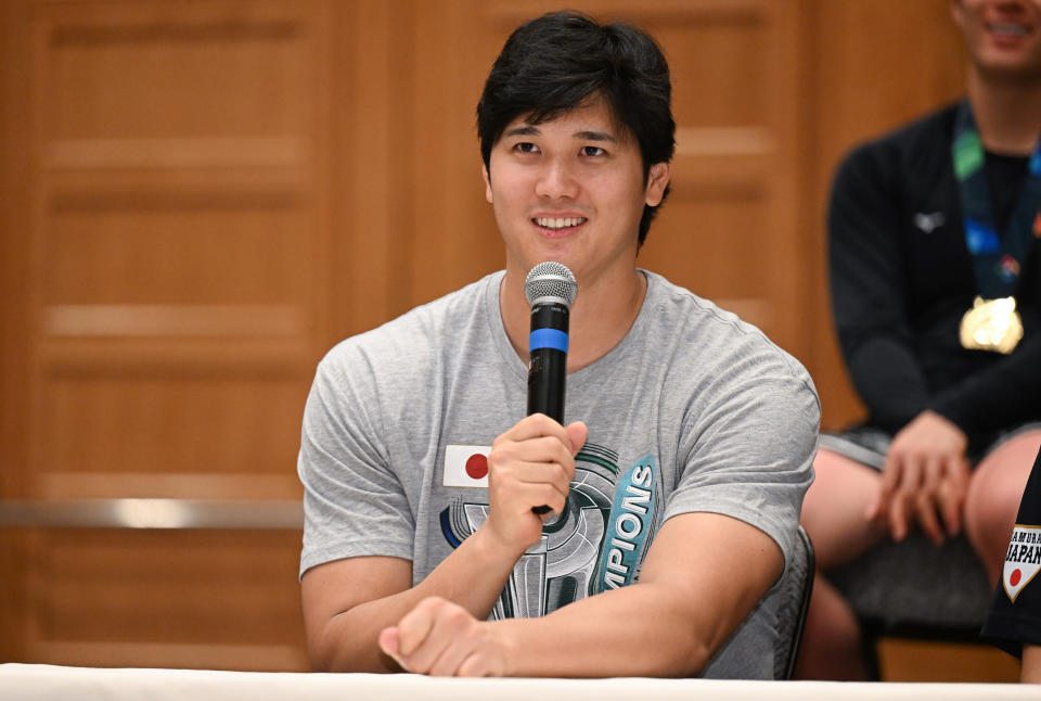 MIAMI, FLORIDA - MARCH 21: Shohei Ohtani #16 of Team Japan talks in the post game press conference after the World Baseball Classic Championship against Team USA at loanDepot park on March 21, 2023 in Miami, Florida. (Photo by Gene Wang/Getty Images)