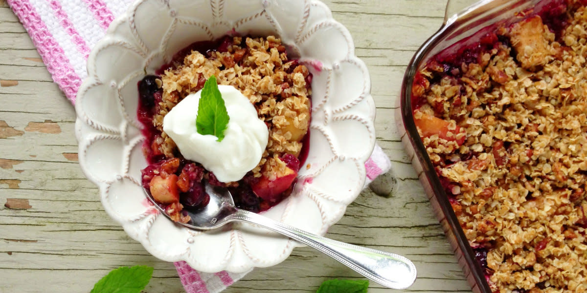 <p>The Meal Makeover Moms</p><p>This crisp actually has four fruits and a crisp topping made with both oats and pecans.</p><p><strong>Get the recipe: <a href="https://parade.com/51363/mealmakeovermoms/an-all-american-apple-rhubarb-and-berry-crisp-for-july-4th/" rel="nofollow noopener" target="_blank" data-ylk="slk:Apple Rhubarb Berry Crisp;elm:context_link;itc:0;sec:content-canvas" class="link rapid-noclick-resp">Apple Rhubarb Berry Crisp</a></strong></p>