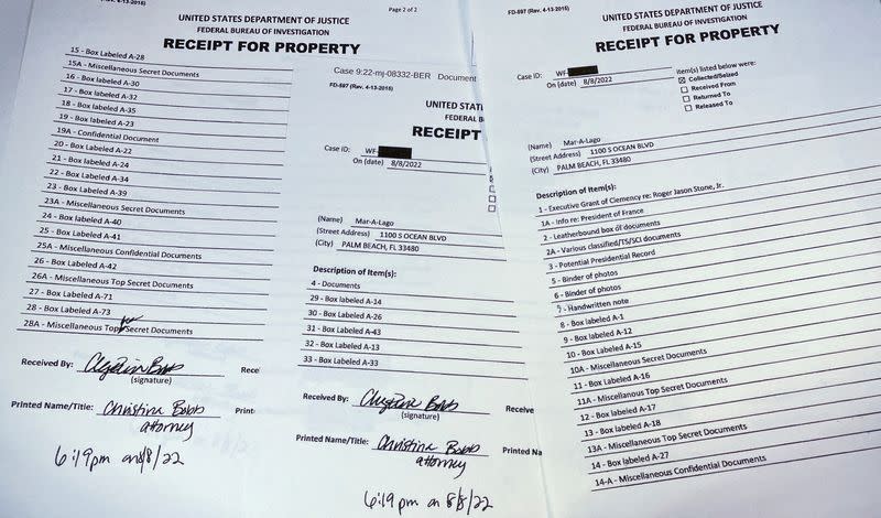 FILE PHOTO: Itemized list of property seized by the FBI during search of former U.S. President Donald Trump's Mar-a-Lago estate is seen after being released by U.S. federal court in Florida