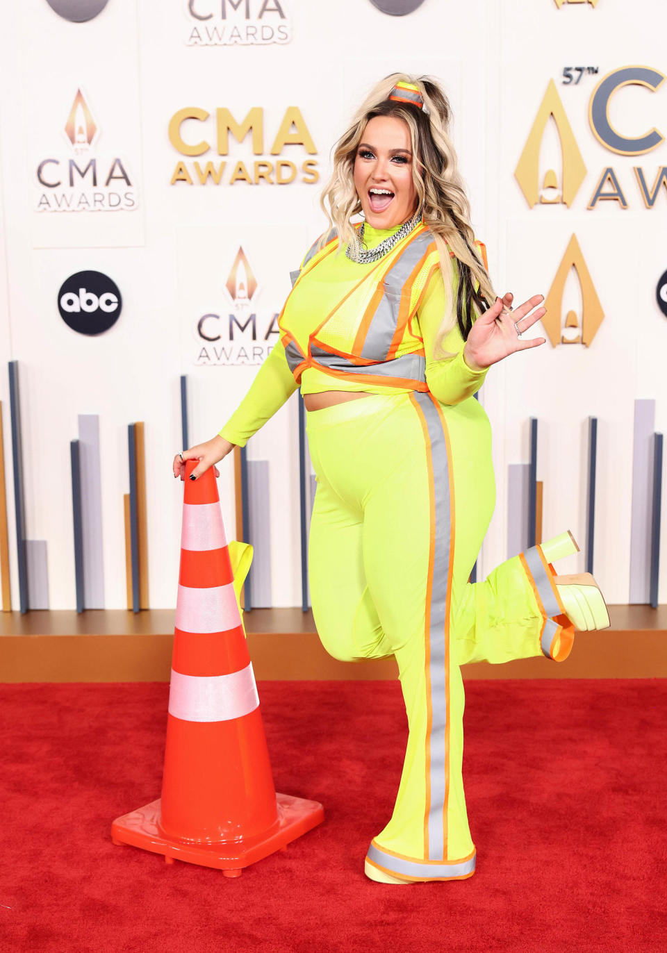Country singer Priscilla Block dresses as a traffic cone at the CMA Awards