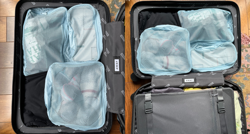 split screen of Away's The Insider Packing Cubes inside suitcase